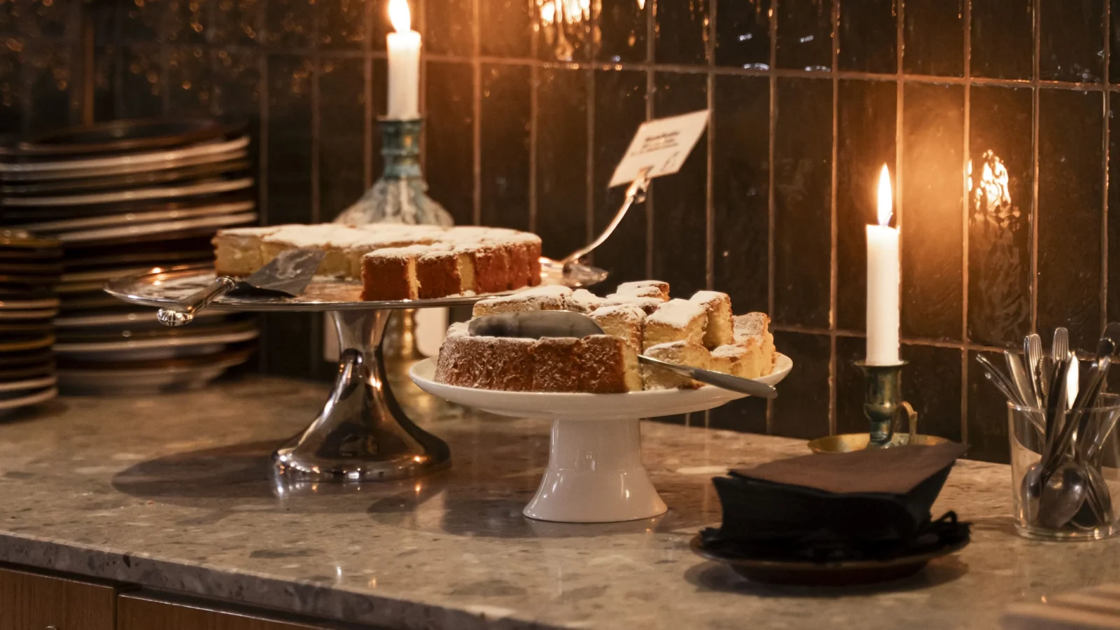 Cake display on a white pedestal in a dimly lit kitchen, with candles, plates stacked to the left, and a small sign nearby.