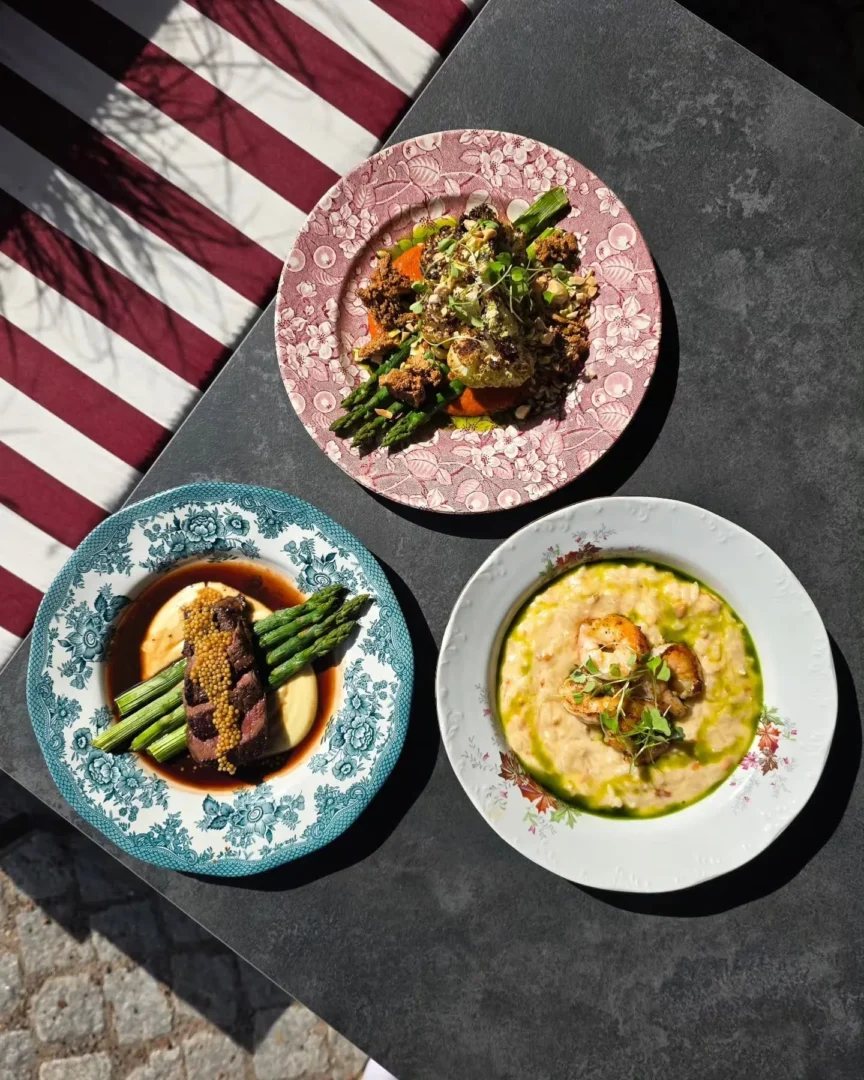 Outdoor table with four colorful plates of gourmet dishes; pink floral plate with greens and crunchy toppings, teal plate with beef and asparagus, white plate with creamy shrimp dish, and another plate partially visible on dark stone surface.